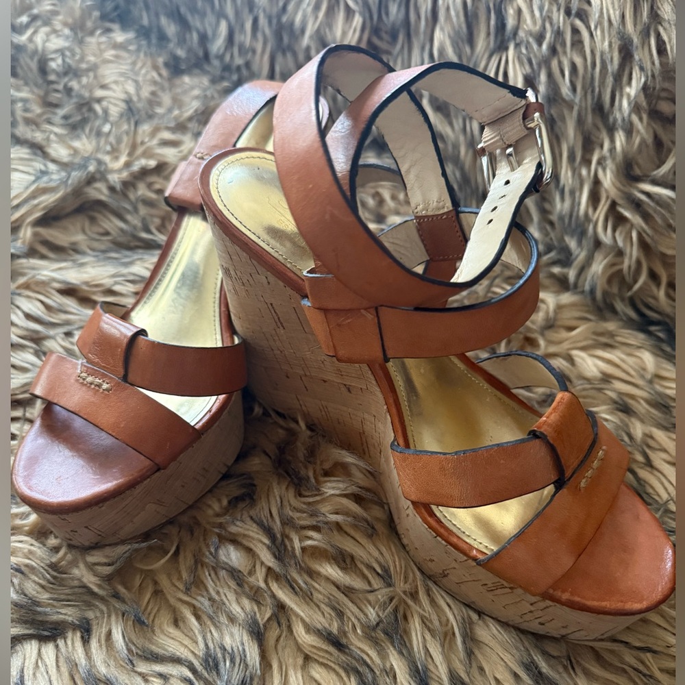 Coach Tan Leather Cork Wedges